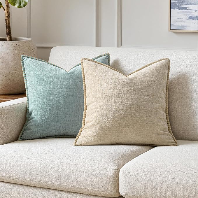 MIULEE Pack of 2 Couch Throw Pillow Covers 20x20 Inch Beige Farmhouse Decorative Pillow Covers with Stitched Edge Soft Chenille Solid Dyed Pillow Covers for Sofa Bed Living Room