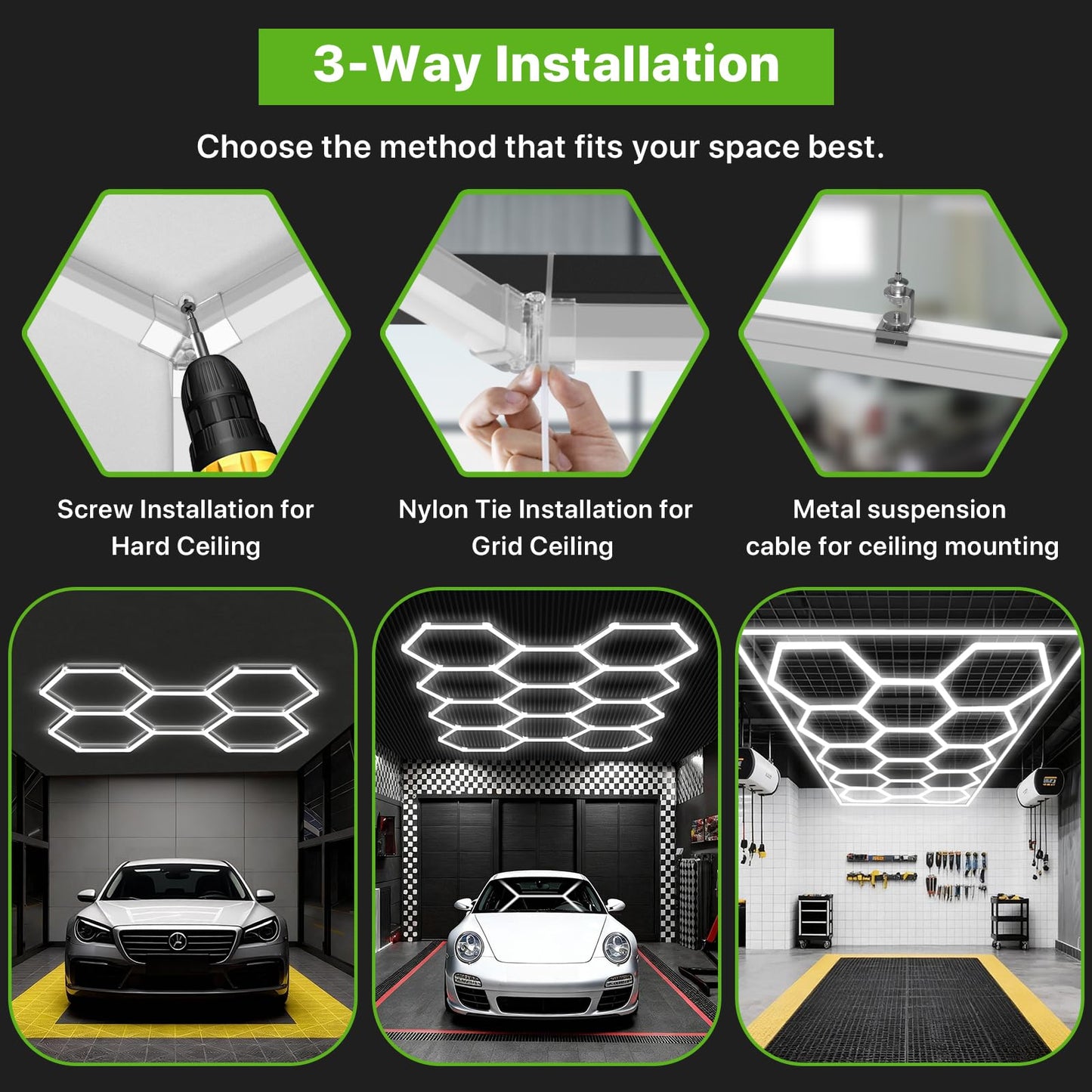Glitgate Hexagon Garage Lights: 3 Level Dimmable 11 Hex Grid Light Shop Light 322W 35420LM, 6500K Daylight White Honeycomb Ceiling Lighting System, Super Bright Garage Lights LED for Workshop