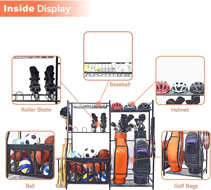 WALMANN Garage Sports Equipment Organizer, Golf Bag Stand for Garage Ball Storage Rack Indoor/Outdoor Kids Toys Storage Organizer Bins, Ball Holder with Baskets