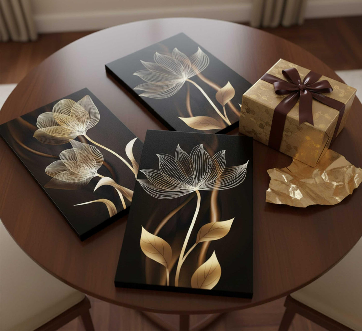 3 Pieces Modern Abstract Brown Flowers Canvas Wall Art Minimalism Black and Gold Floral Painting Pictures Luxury Wall Decor Posters Print Artwork for living room Office Bedroom Home Decoration