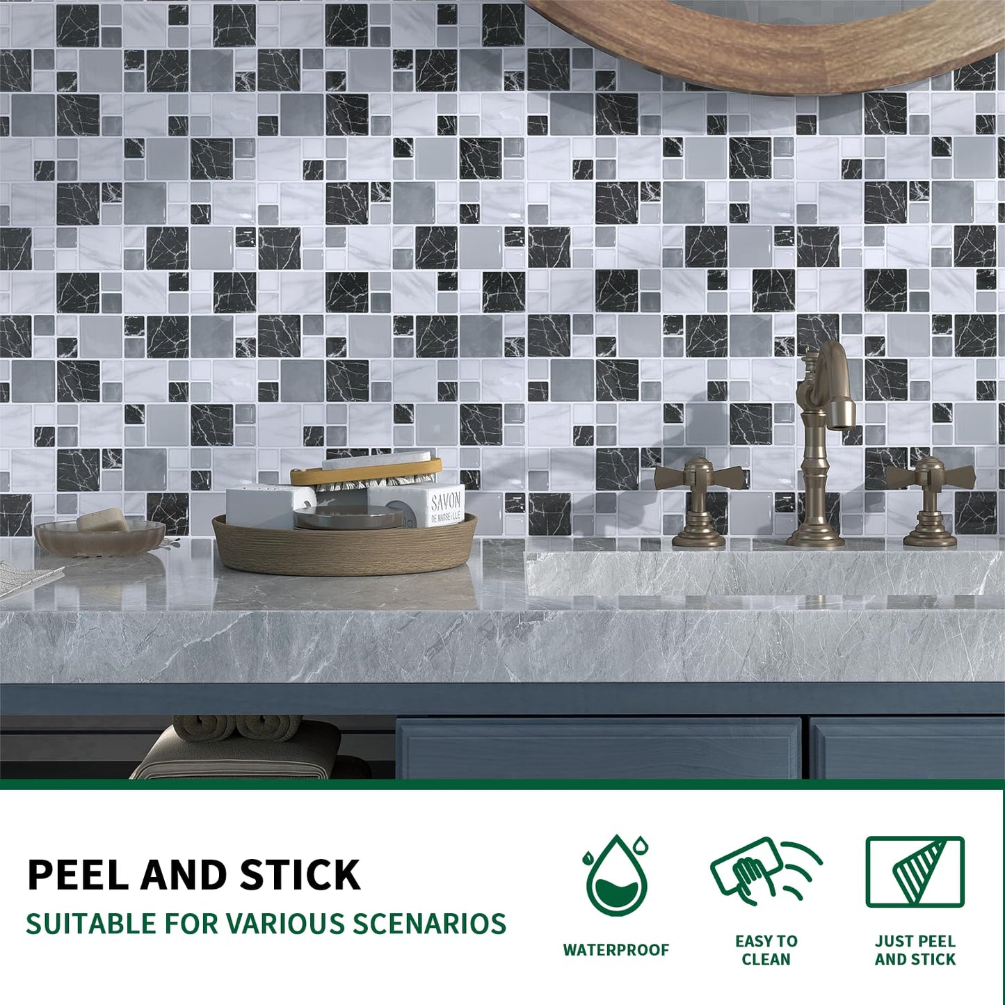 10-Sheet Peel and Stick Backsplash for Kitchen, 10” x 10” Self Adhesive Marble Gray Wall Tile Waterproof Removable Stick on Backsplash for Kitchen Bathroom Fireplace, Grey Marble
