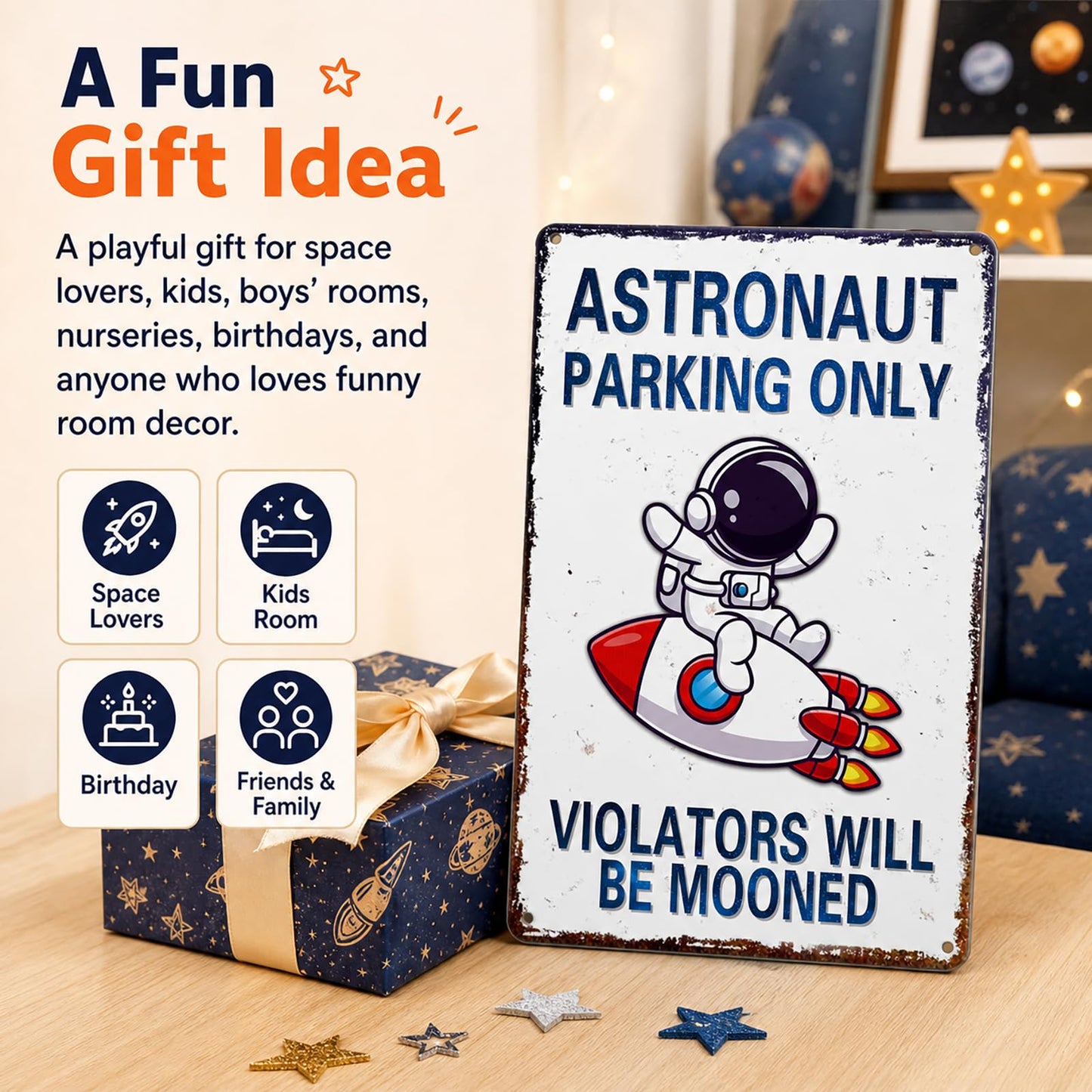 Perfect Space Gifts for Kids - Astronaut Parking Only Sign - Outer Space Themed Decor for Boys Room | Fun Space Poster for Kids Wall Art, 8 x 12 Inch (936)