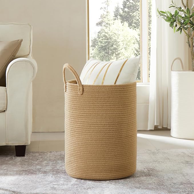 60L Jute Woven Laundry Hamper Basket Wicker Rope Clothes Hamper Tall Rattan Blanket Basket in Living Room Bedroom 15Dx20H Inches Large