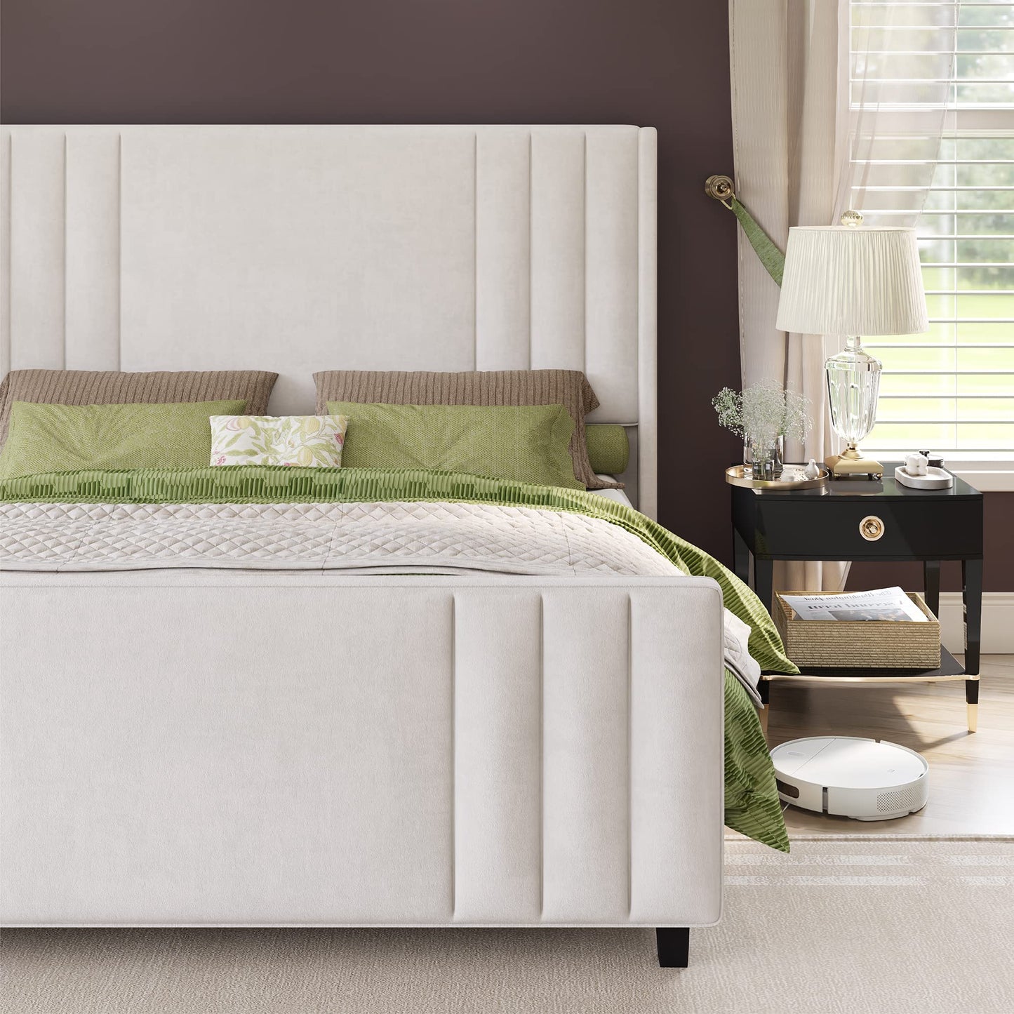 AMERLIFE King Size Bed Frame, Velvet Upholstered Platform Bed with Vertical Channel Tufted Headboard & Footboard/Wingback, Mattress Foundation with Wood Slats, No Box Spring Needed, Cream