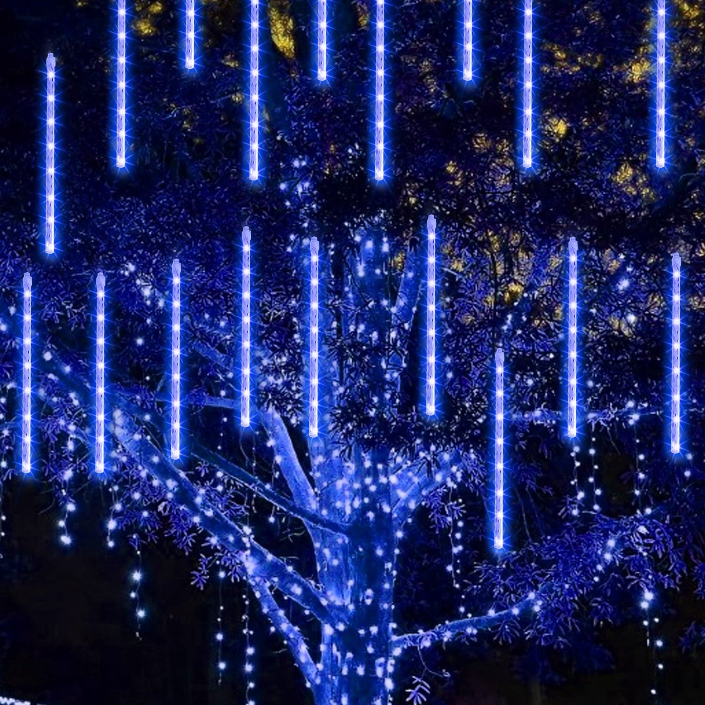 TW SHINE Christmas Lights Outdoor, 288 LED 12" 8 Tubes Meteor Shower Lights Outdoor Christmas Decorations Plug in, Waterproof Snow Falling Rain Icicle Xmas Light for Tree Decor, Blue
