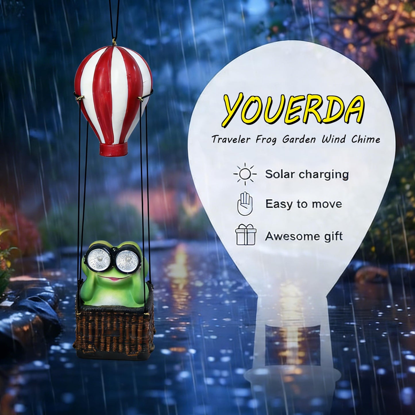 YOUERDA Solar Hot Air Balloon Frog Hanging Garden Statue with Lantern, Cute and Funny Figurine Solar Light Garden Outdoor Waterproof Decoration, Beautifully Crafted Birthday Gifts for Mom or Dad