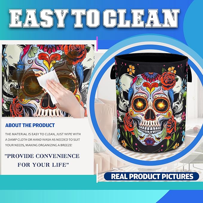 Sugar Skull Laundry Basket Skeleton Print Oxford Cloth Laundry Hamper With Handle Foldable Portable Clothes Storage Basket 18.9 X 16.5 In Storage Bag For Laundry Room/Bathroom/Bedroom/Dormitories