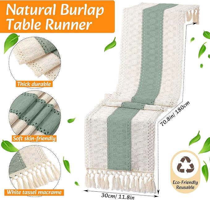 4 Sets Boho Decoration Placemats Round Woven Placemats, Cloth Napkins, Wood Bead Napkin Rings, Long Table Runner and Farmhouse Burlap Cotton for Table Kitchen (Green,12x72)