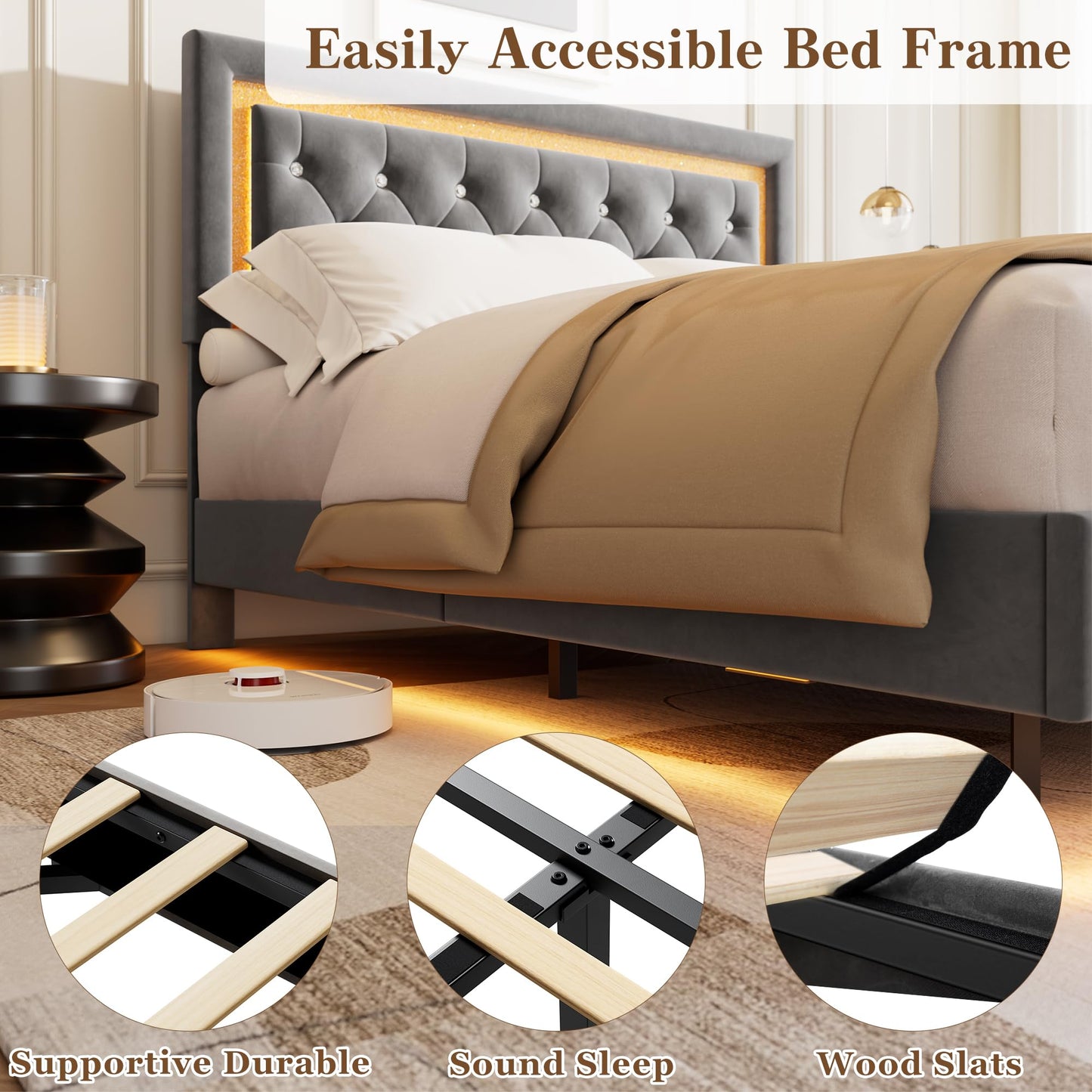 IDEALHOUSE Floating Queen Platform Bed Frame with Smart LED Lights – Modern Upholstered Diamond Headboard, Sturdy Wood Slats, Noise-Free, Easy Assembly, Sturdy Bedroom Furniture