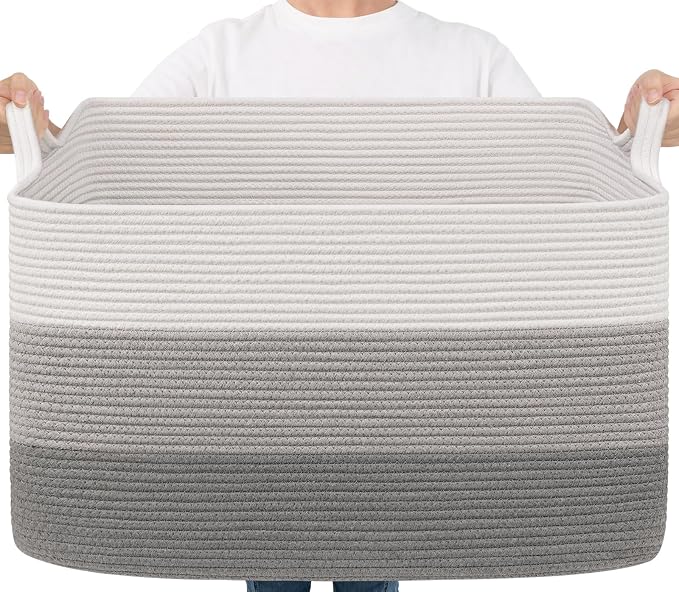 Goodpick 85L Large Woven Basket 23.6" x 15.7" x 13.8" Cotton Rope Storage Baskets for Organizing, Decorative Blanket Basket for Living Room Bedroom, Toy Baskets Storage Kids, Gray