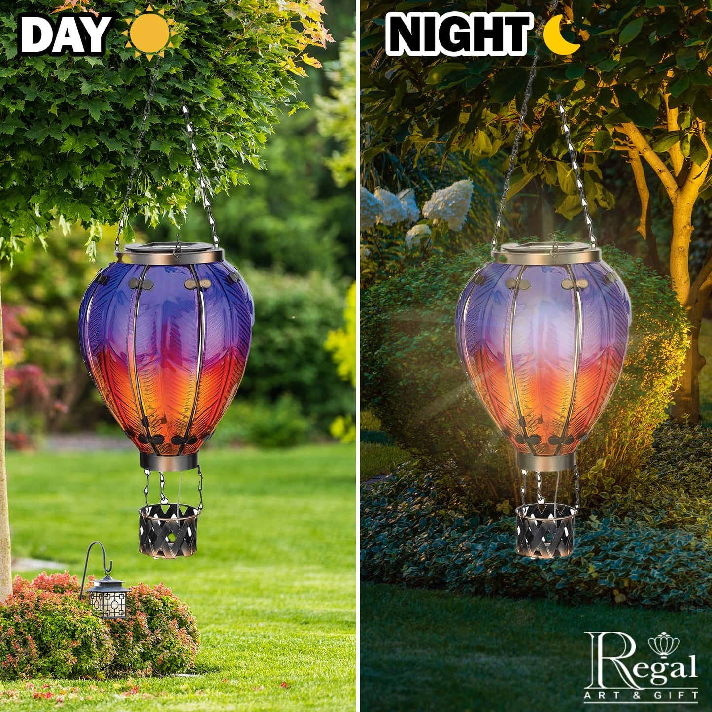 Regal Art & Gift 23.5 Inch Hot Air Balloon Solar Lantern – Hanging Solar-Powered LED Lights, Waterproof Portable Decorative Outdoor Lamp Made of Metal & Glass for Garden, Patios & Pathway – Purple