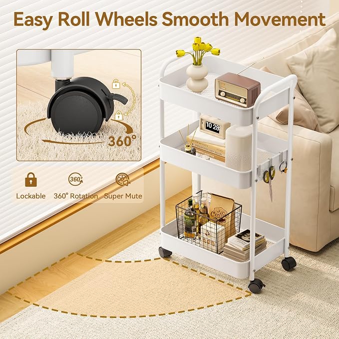 YASONIC 3-Tier Metal Rolling Cart, Sturdy Storage Utility Carts with Wheels, Multifunction Craft Art Organizer for Bedroom, Laundry, Garage, Office, Nursery, Bathroom, Easy Assembly (White)