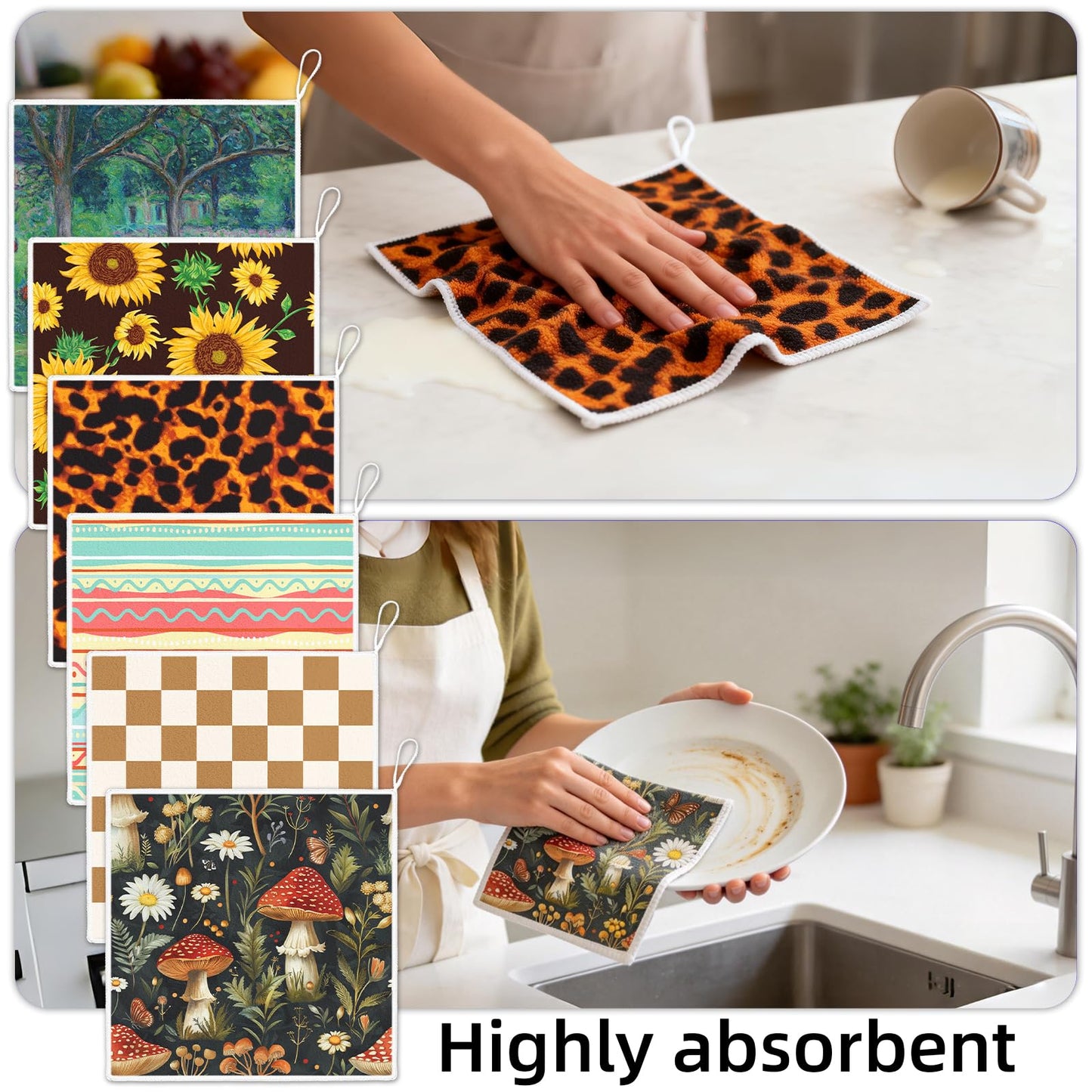 AiHeart Kitchen Dish Cloths,6-Pack Reusable Soft Dishcloths with Hanging Loop,7×7inch Kitchen Towels,Microfiber Hand Towels,Home Decoration,for Housewarming Gifts,Cooking Enthusiasts-Combination A