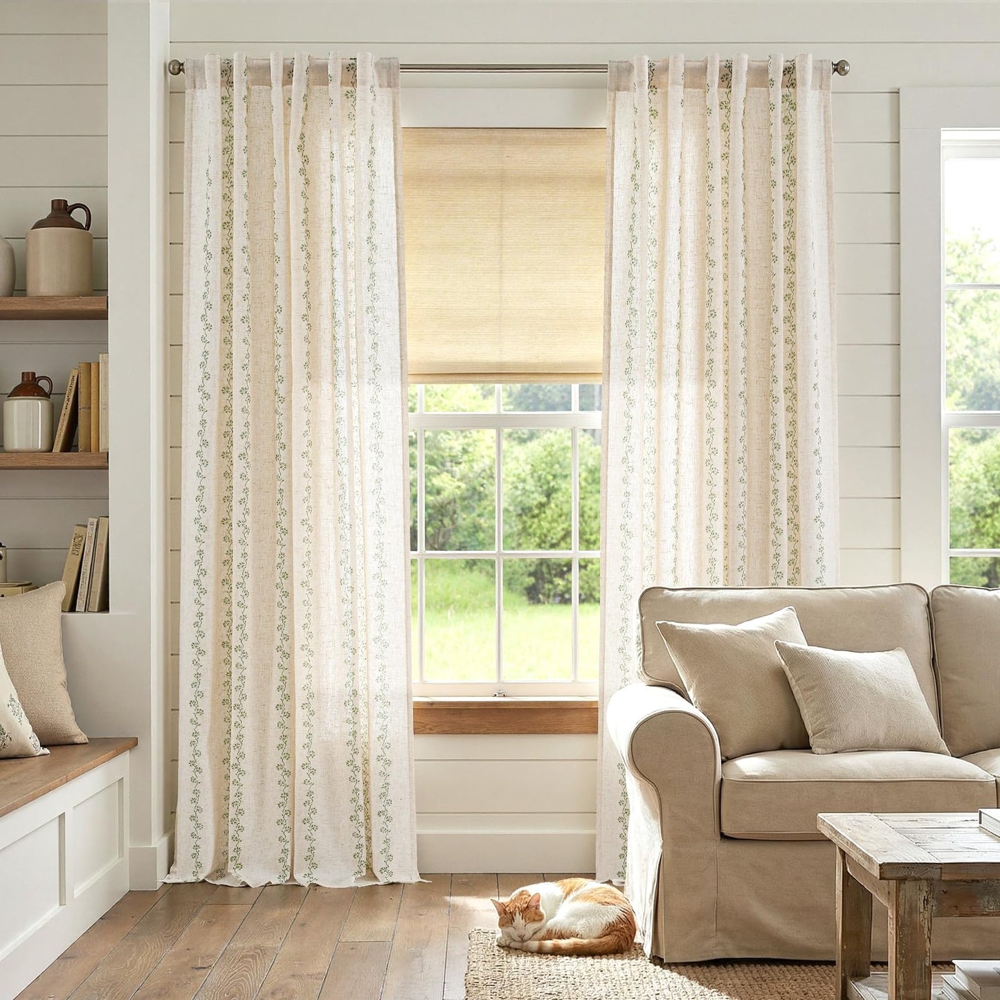 Lazzzy Cathy Linen Floral Curtains for Living Room 84 inch Length 2 Panels Set 7 ft Farmhouse Printed Curtains for Bedroom Spring Decor for Window W50 x L84 Sage Green on Linen
