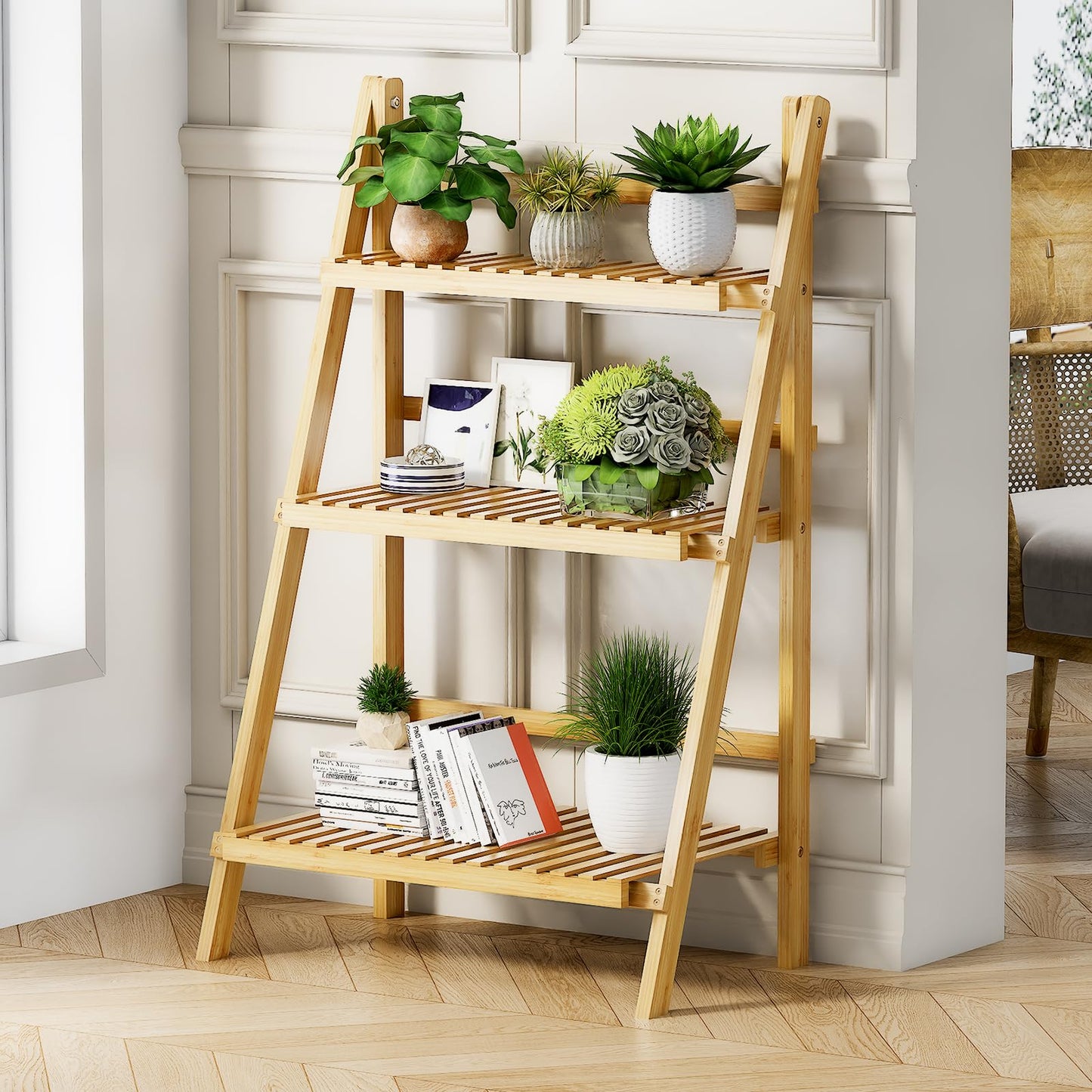 Foldable Ladder Shelf 39.4", Plant Shelf 3 Tier, Bamboo Ladder Flower Pot Display Shelf, Freestanding Ladder Bookshelf for Living Room, Balcony, Yard, Garden, 23.6"W x 15"D x 39.4"H, Natural