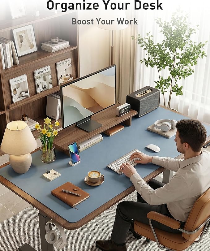Aothia Faux Leather Desk Mat - Large Mouse Pad, Non-Slip PU Leather Blotter, Waterproof Writing Surface for Office and Home (Denim Blue, 63" x 24")