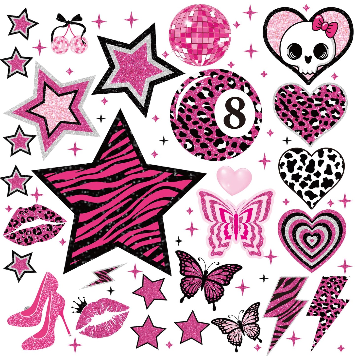 Wxiben Aesthetic Y2K Room Decor - 200 Pcs 2000s Mcbling Wall Decals Hot Pink Walls Stickers Decor for Room Y2K Star Baddie Peel and Stick Wall Decals for Home Bedroom Living Classroom Apartment Dorm