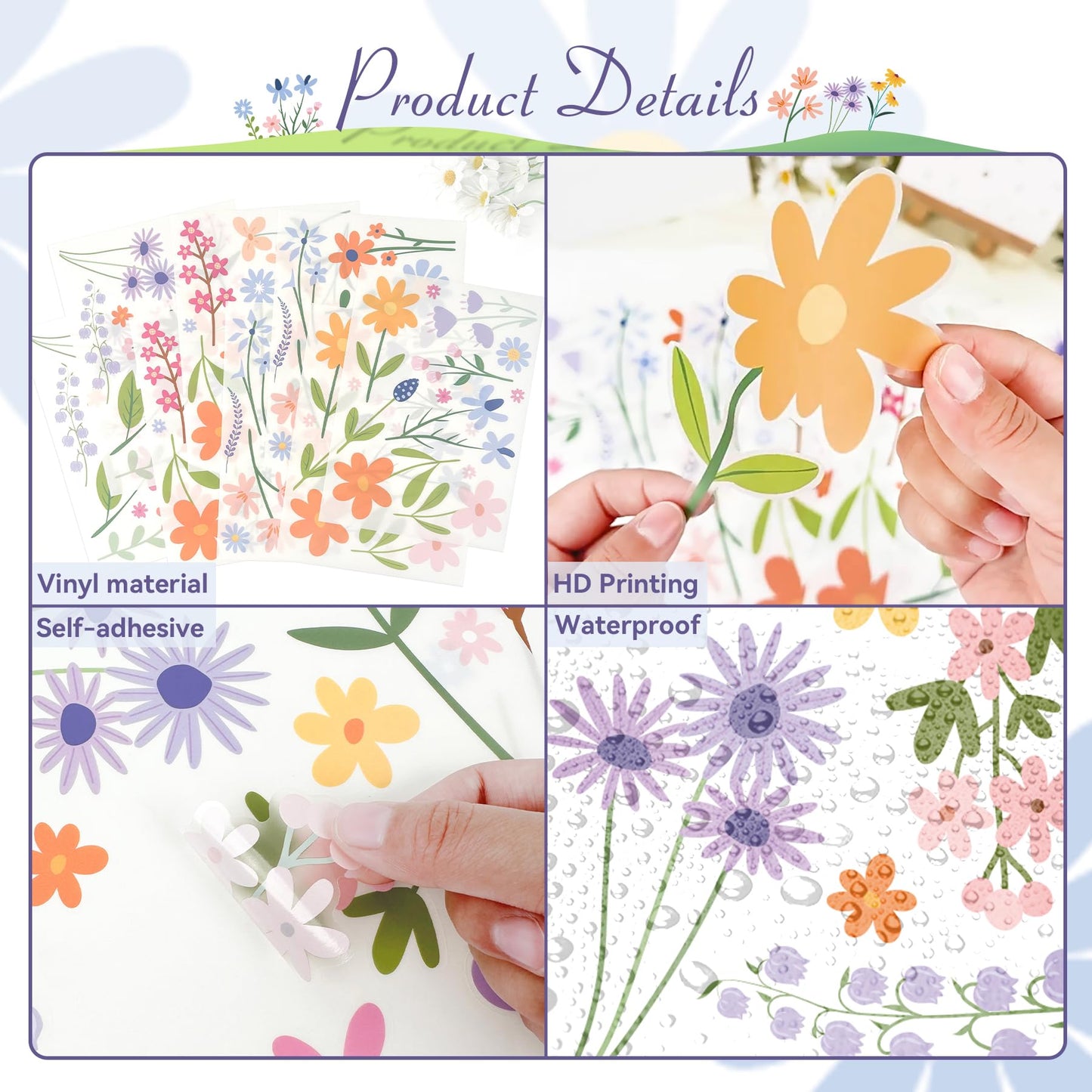 Flower Wall Decals - 8 Sheets 102 Pcs Spring Themed Wildflower Wall Stickers Peel and Stick Fairy Floral Wall Decor for Girls Bedroom Living Room Nursery Home