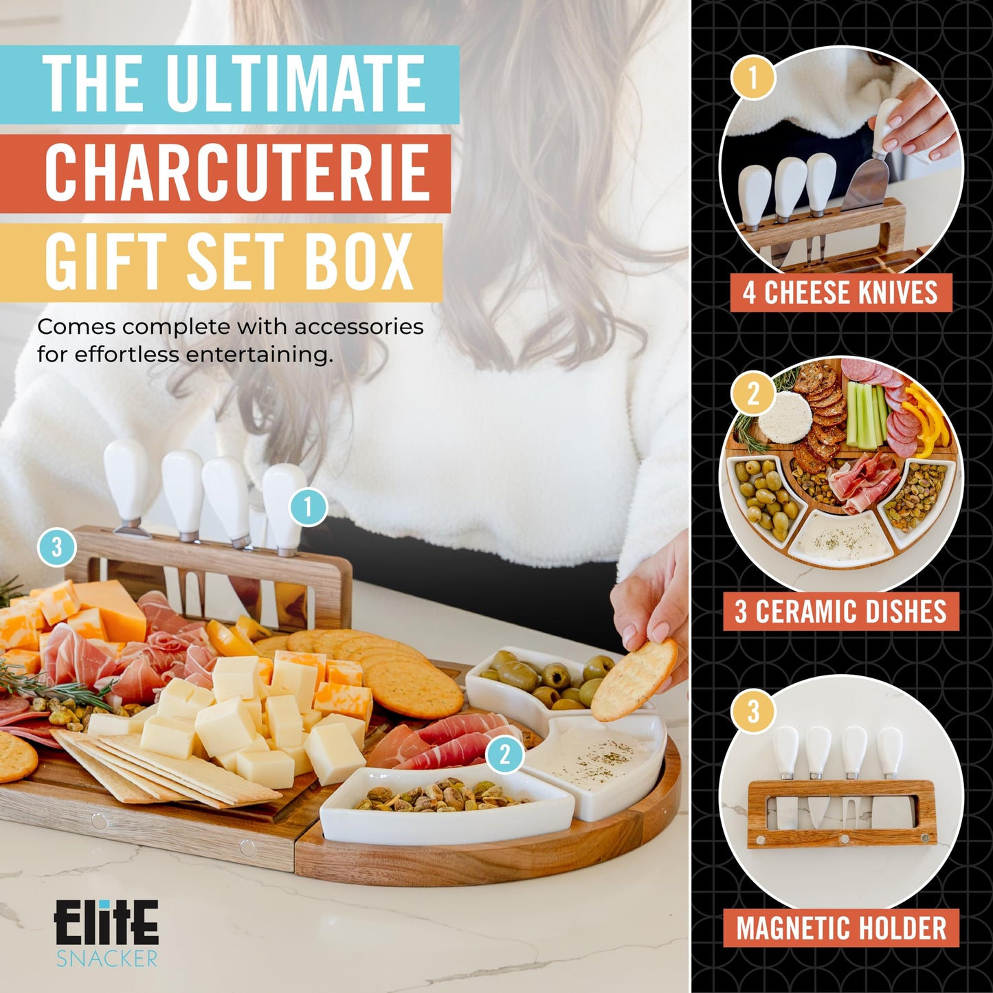 Large Wooden Charcuterie Board Set (Oil Finish) - 3-Piece Magnetic Long Serving Board Tray with Charcuterie Accessories - Acacia Wood Cheese Platter with Cheese Knife Set & Ceramic Dishes - Brown