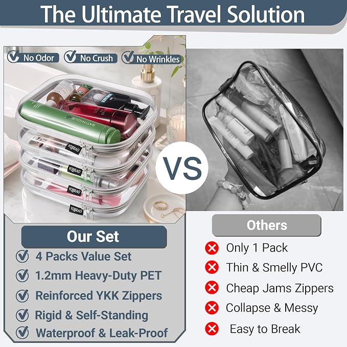 YQBRAO 4-Pack Clear Diaper Bag Organizer Pouches, 1.2mm Ultra-Thick PET Travel Pouches for Toiletries & Makeup, Rigid Self-Standing Bags with YKK Zippers, TSA Approved (Gray)