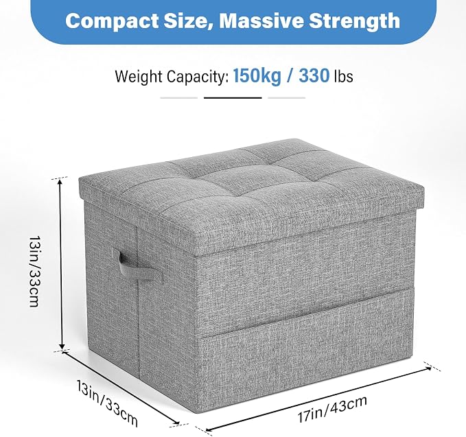 Dayacoco Storage Ottoman Foot Rest Stool, Foldable Foot Rest Stool with Thicker Foam Padded Seat, 43L Small Ottoman with Storage, Holds Up to 350lbs, 17x13x13in,Drak Gray