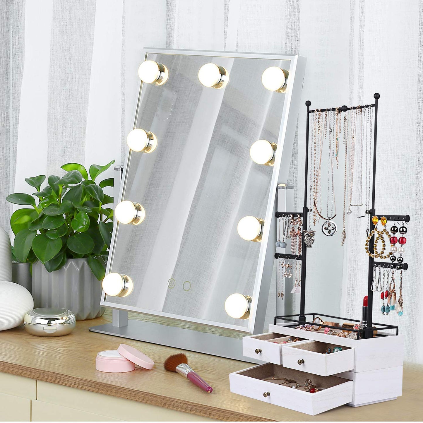 OLAKEE Jewelry Organizer - 2 Layer Wooden Jewelry Drawer Storage Box with 6 Tier Jewelry Tree Stand, Jewelry Display for Necklaces Bracelet Earring Ring (Rustic White)