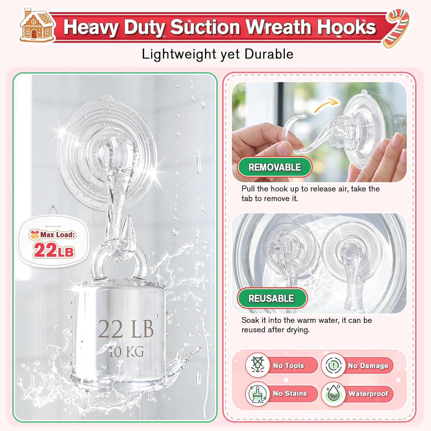 VIS'V Wreath Hanger, Large Suction Cup Wreath Hooks with Wipes, Heavy Duty, 22 LB Capacity, Removable and Reusable, Clear, 2 Pcs