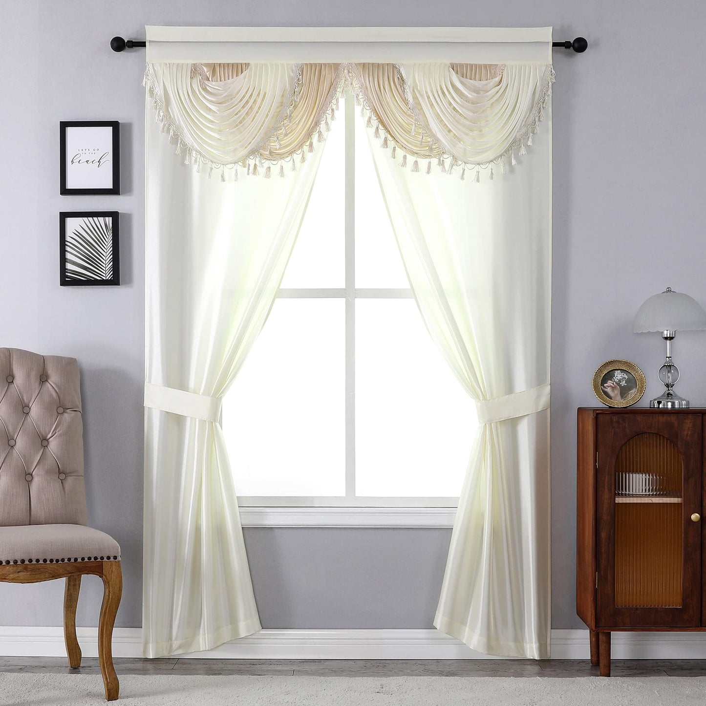 Regal Home Collections Amore Curtains 5-Piece Window Curtain Set - 54-Inch W x84-Inch L Panels with Attached Valance and 2 Tiebacks - Bedroom Curtains and Living Room Curtains (Beige)