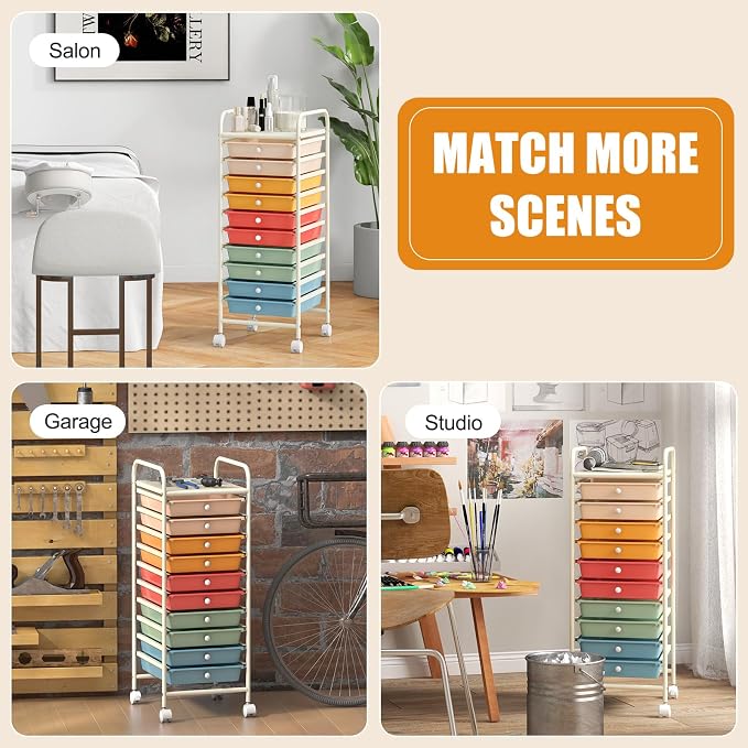MEDIMALL 10 Drawers Rolling Storage Cart, Multipurpose Craft Storage Cart with Wheels, Mobile Tools Scrapbook Paper Organizer Cart for Office School Home Use