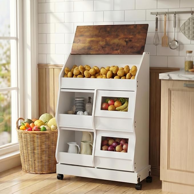 ARTETHYS Potato and Onion Storage Bin with Wheels, 3 Tier Bread Container with Lid, Ventilated Vegetable Organization Cabinet for Kitchen