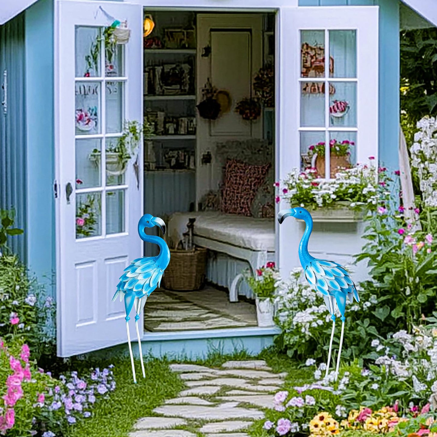SUNREEK Metal Flamingo Statues, 2Pcs Blue Flamingo Yard Art Sculptures for Garden Home Patio Lawn Backyard Decorations