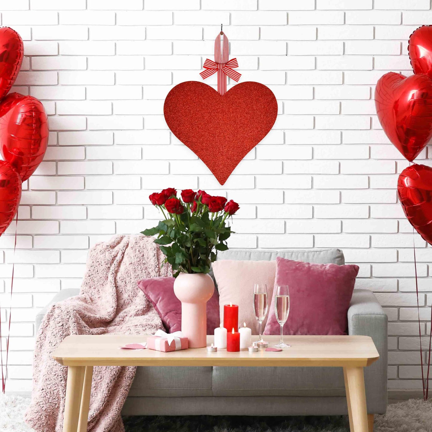 Gift Boutique Valentines Day Decoration Red Glitter Heart Shaped Wooden Hanging Sign Bow Front Door Wall Wreath Home Outdoor Love Plaque Hanger Decor