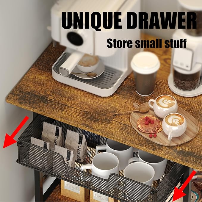 3 Tier Slim Rolling Coffee Cart with 2-Door & Pull-Out Wire Basket Drawer, Coffee Bar Cabinet on Lockable Casters, 32.7" H Microwave Cart with Storage for Home, Kitchen, Dining Room (Rustic Brown)