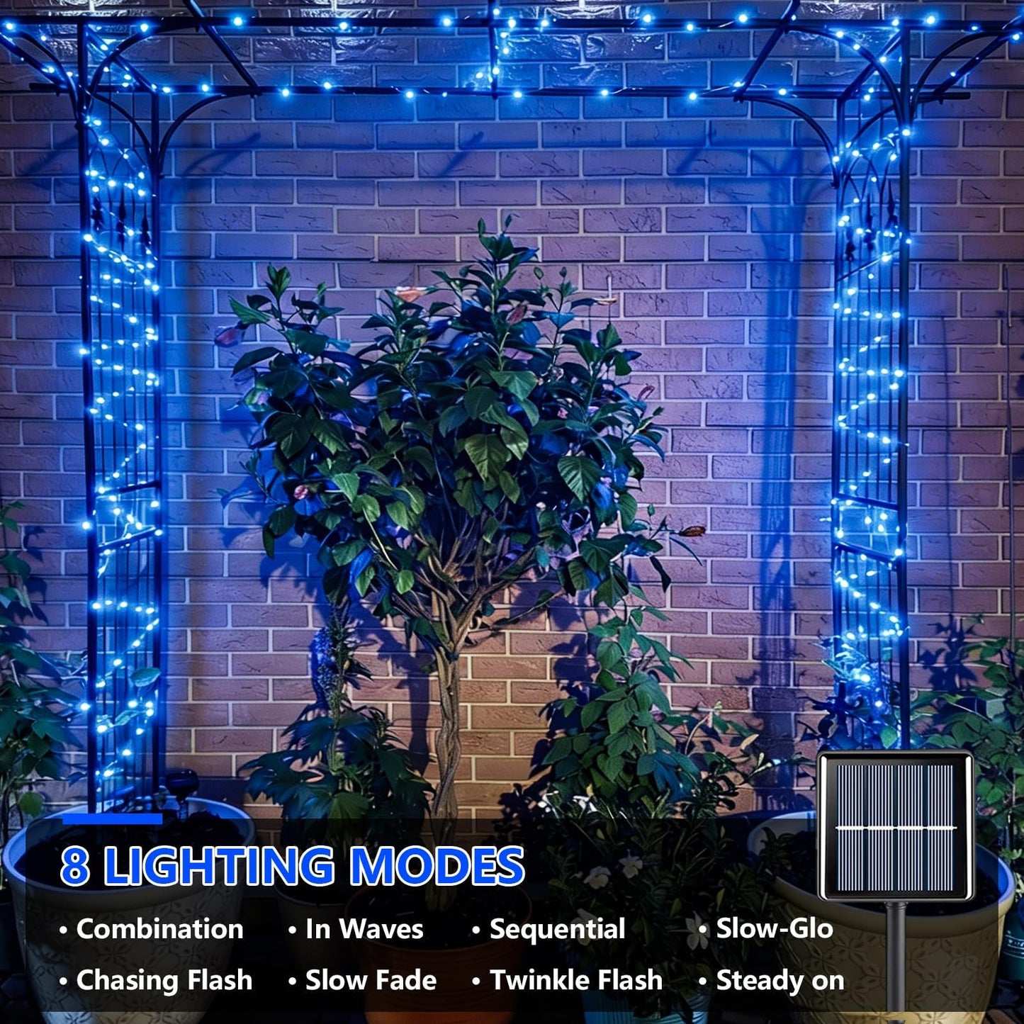 YEGUO 4 Pack Blue Solar Fairy Lights, Each 33ft 100 LED Christmas Lights Outdoor Waterproof, 8 Modes Sliver Wire Solar String Lights
