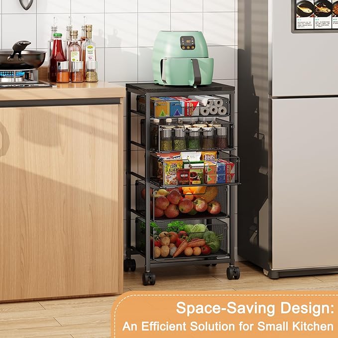 Kitchen Storage Cart with Drawer, 5-Tier Fruit Vegetable Storage Cart, Kitchen Organizer and Storage Cart with Wheels, Wooden Top Metal Wire Pantry Storage Cart rack for Fruit Snack Onion Potato