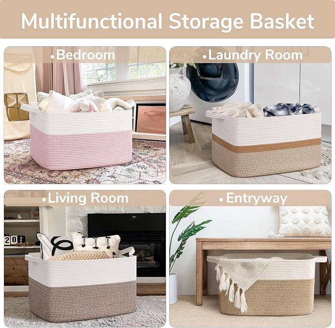 Goodpick Large Woven Blanket Basket 21.6" x 14.9" x 11.8" Storage Baskets for Organizing, Cotton Rope Basket for Home Decor Living Room Nursery, Toy Baskets Storage Kids, White & Camel Mix