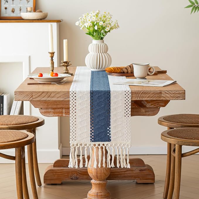 FEXIA Boho Blue Table Runner 60 Inches Long with Tassels Macrame Farmhouse Summer Style Graduation Party Rustic Wedding Baby Shower Dining Kitchen Living Room Decor (12x60 Inches)