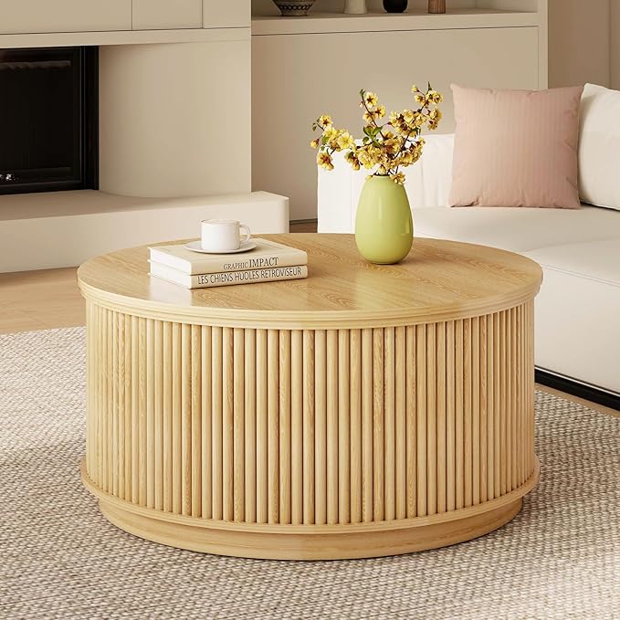 LYNCOHOME 31.5'' Fluted Flip Top Round Coffee Table with Storage, Circle Coffee Table, Modern Coffee Table for Living Room, Center Table for Living Room, Home Office, Light Oak, Natural