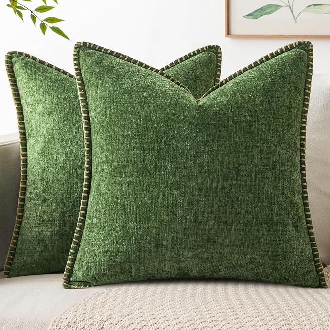 MIULEE Pack of 2 Couch Pillow Covers 20x20 Inch Moss Green Farmhouse Decorative Throw Pillow Covers with Stitched Edge Soft Chenille Solid Dyed Pillow Covers for Sofa Bed Living Room, Forest Green