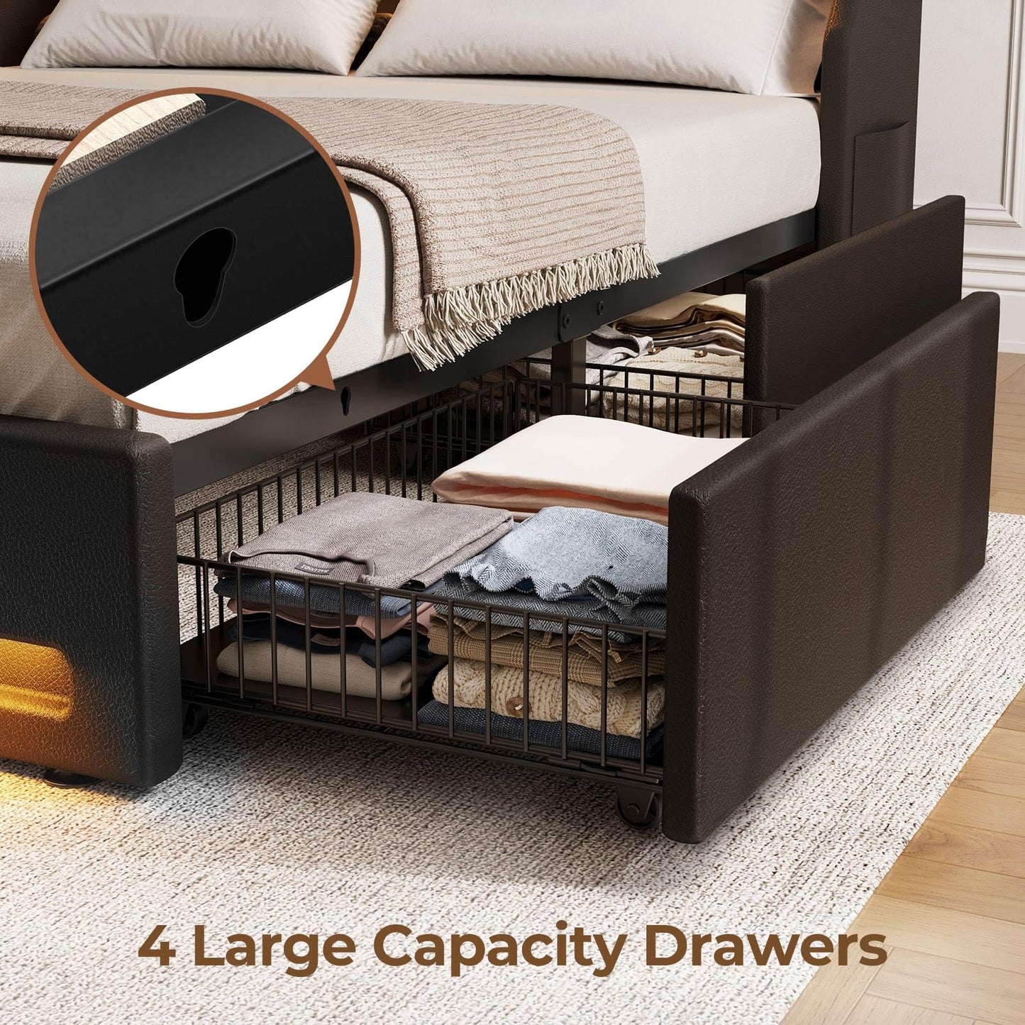 Rolanstar Queen Bed Frame with LED Lights and Charging Station, PU Leather Bed with Drawers, Wooden Slats, Noise Free, Easy Assembly, Black