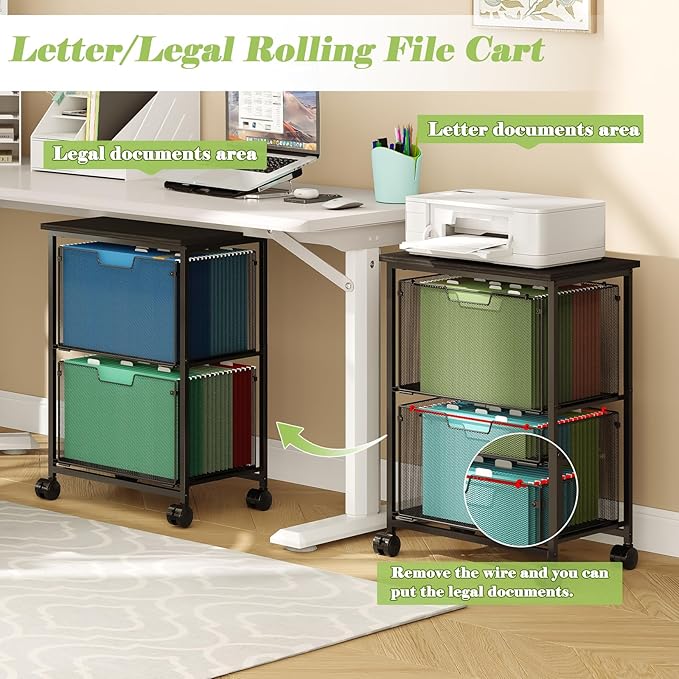 Sbanmao Letter/Legal Rolling File Cart with 2 Storage Drawers, Under Desk Storage, Vertical Filing Cabinet for Home Office, Hanging File Folders Organizer, Mobile Utility Cart Printer Stand, Black