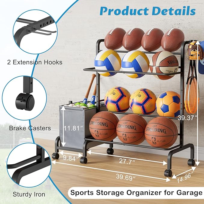 Ball Storage Rack, Adjustable Basketball Holder Display Stand with Ball Basket Bin Hooks, Outdoor Ball Cart with Wheels for Soccer Football Tennis Baseball, Sport Equipment Organizer for Garage Gym