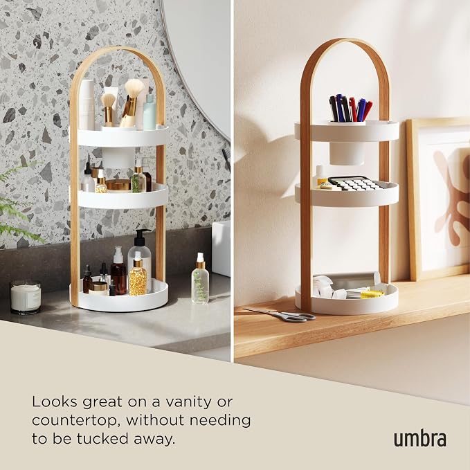 Umbra Bellwood Caddy, Organizer for Makeup and Cosmetics, Durable Rotating Container with Wooden Handle, Large, White/Natural