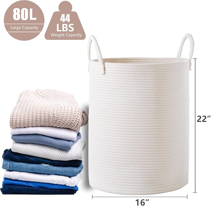 80L Extra Large White Hamper Tall Woven Laundry Basket Cotton Rope Blanket Basket for Living Room Clothes Hamper in Bedroom 16"L x 16"W x 22"H