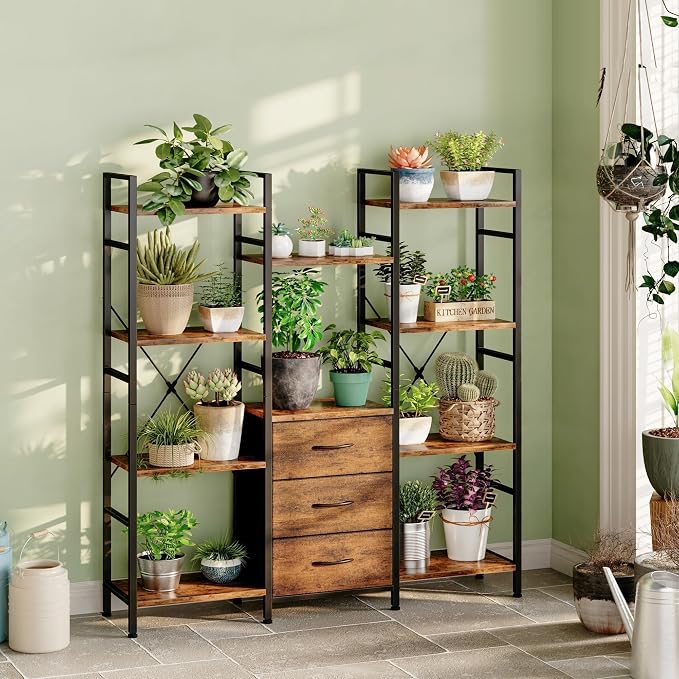 AFLUI Triple Bookshelf with 3 Fabric Drawers, 4-Tier Book Shelf and 10 Display Shelves, Industrial Large Bookcase for Home & Office, Rustic Brown, 47'' Wide