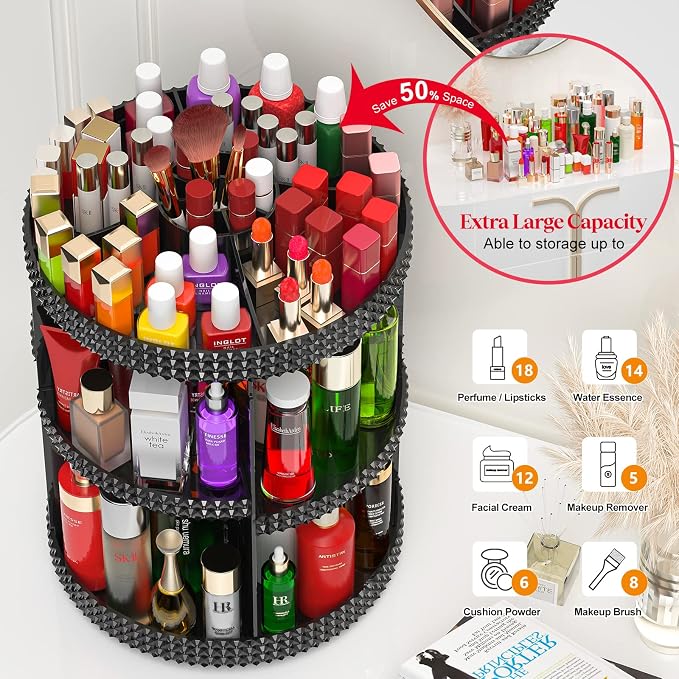 Awenia Makeup Organizer 360-Degree Rotating, Adjustable Makeup Storage, 7 Layers Large Capacity Cosmetic Storage Unit, Fits Different Types of Cosmetics and Accessories, Plus Size(Black)