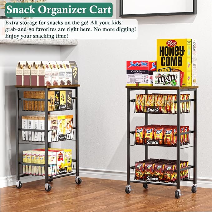 OKZEST 4-Tier Kitchen Storage Cart on Wheels – Mobile Fruit Basket Stand with Drawers & Wooden Top, Small Rolling Pantry Shelf for Potatoes, Onions, Bottled Drinks, Cans, Snacks – Includes 3 PE Liners