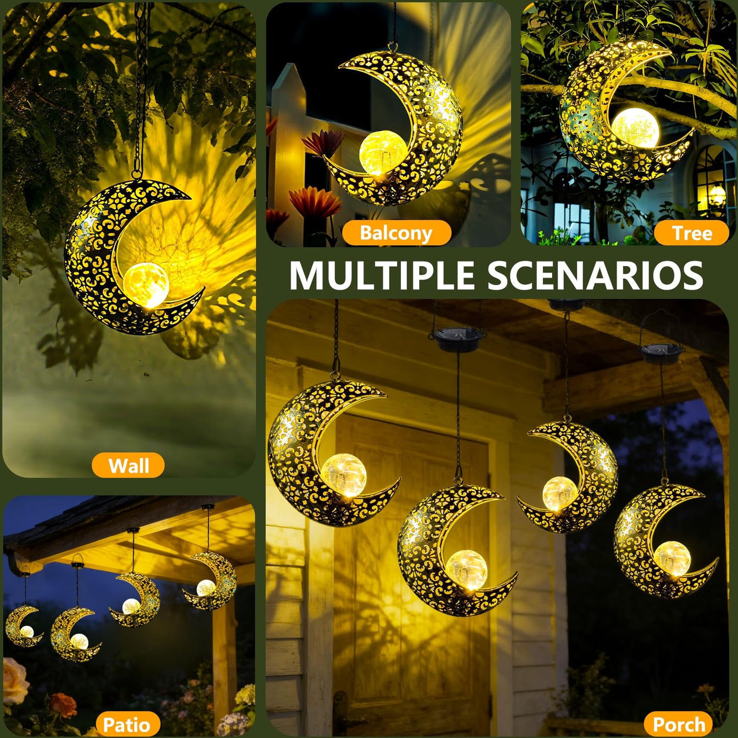 QCF Solar Garden Hanging Moon Lights Outdoor Decor,Metal Lanterns Art Decorations for Outside Yard Lawn Patio Wall Fences Driveway Trail,Unique Housewarming Gardening Gifts for Women Mom