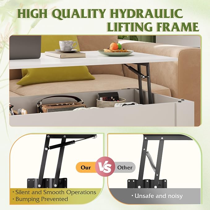 WLIVE Coffee Table, 39" Lift Top Coffee Table with Hidden Compartment, Storage Shelf and Lifting Top for Home Living Room, Office and Reception Room, White