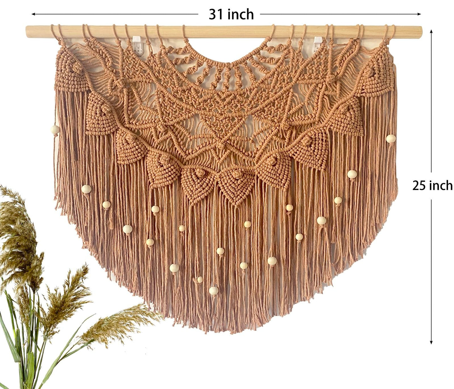 Youngeast Large Macrame Wall Hanging Boho Beaded Curtain for Window Macrame Bedroom Headboard Living Room Wall Art Tassel Tapestry Bohemian Woven Wall Decor 31" W X 25" H (Khaki)